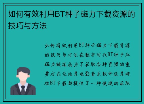 如何有效利用BT种子磁力下载资源的技巧与方法